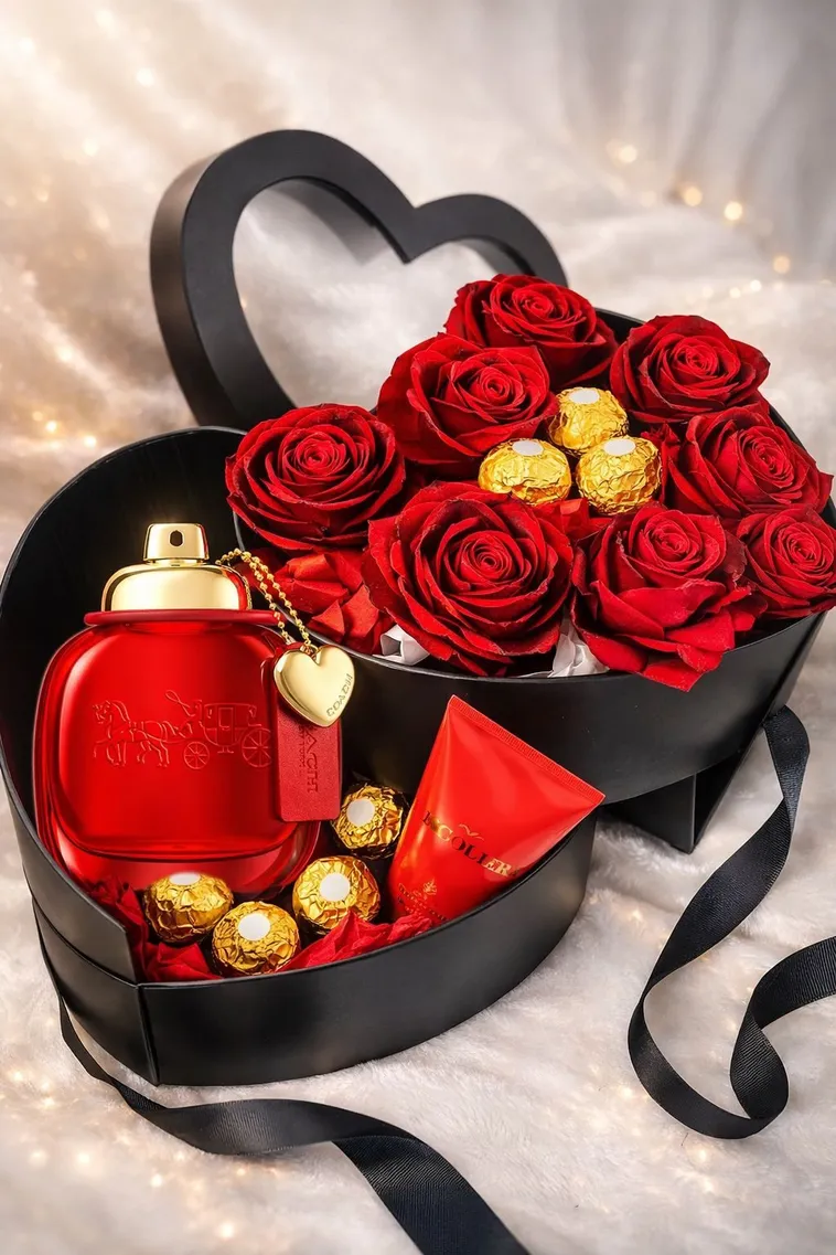 Caja corazón con rosas y detalle