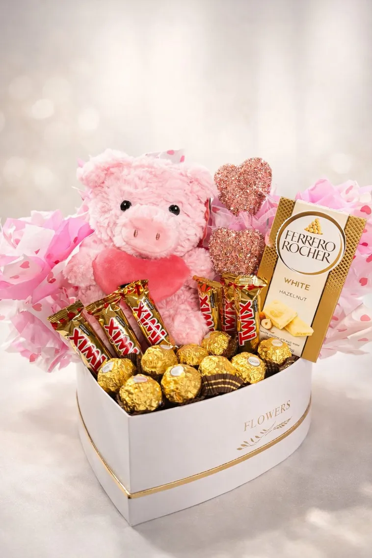 Caja blanca con osito y chocolates